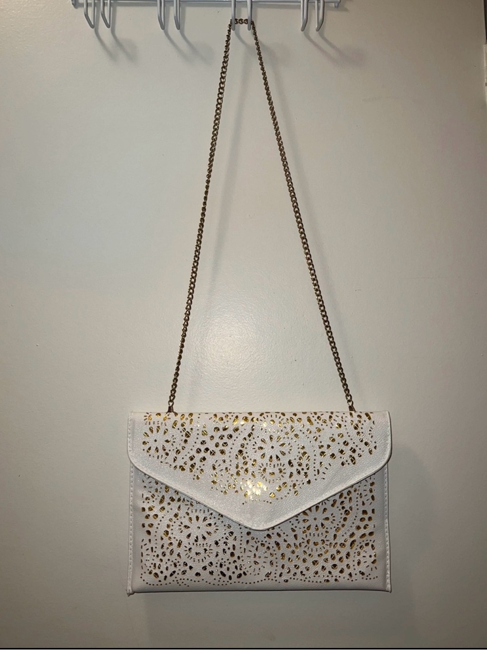 Women’s White Laser-Cut Envelope Crossbody with Gold Accents